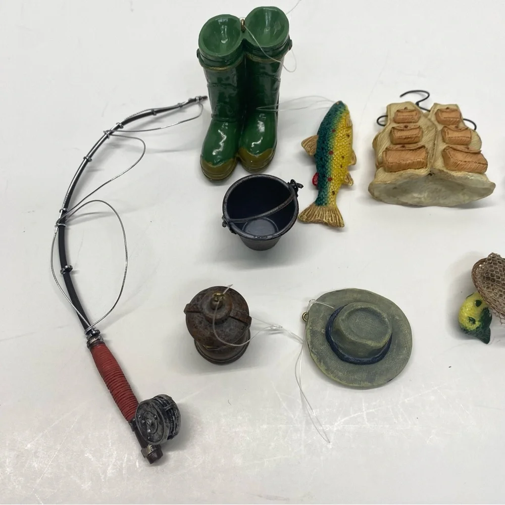 Fishing Miniature Set of 10 Christmas Tree Ornaments boots rods & accessories